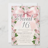 ピンクボウコケットフローラヴィンテージスウィート16 招待状 (正面)