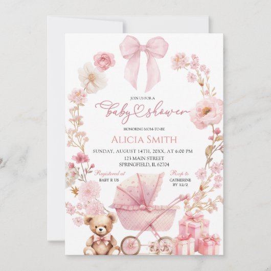 ピンクボウコケットベビーキャリッジベビーシャワー 招待状 (正面)