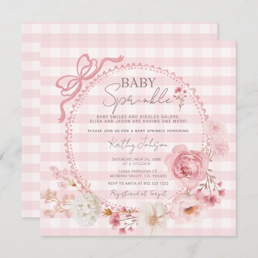 ピンクボウコケットベビー散水ベビーシャワー 招待状 (正面/裏面)