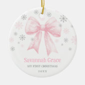 ピンクボウコケットリボンベビーガール1stクリスマス セラミックオーナメント (正面)