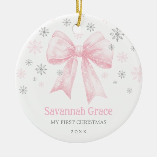 ピンクボウコケットリボンベビーガール1stクリスマス セラミックオーナメント (正面)