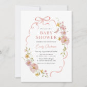 ピンクボウコケットワイルドフラワーバタフライベビーシャワー 招待状 (正面)