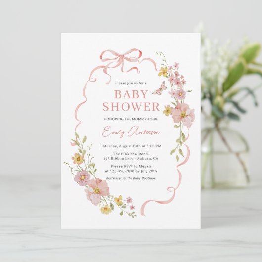 ピンクボウコケットワイルドフラワーバタフライベビーシャワー 招待状 (スタンド正面)