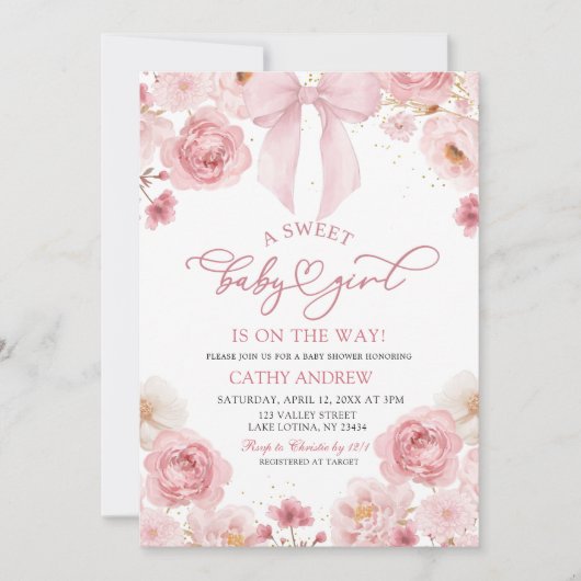 ピンクボウコケット甘いベビーガールが途中だ 招待状 (正面)