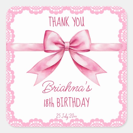 ピンクボウコケット誕生日パーティーの好意 スクエアシール (正面)