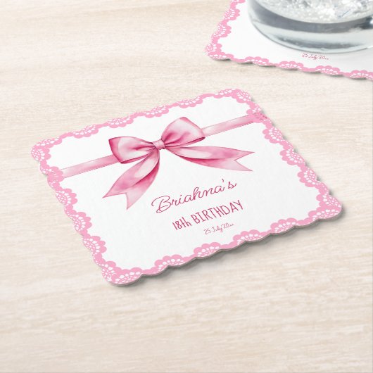 ピンクボウコケット誕生日パーティー印刷 ペーパーコースター (アングル)
