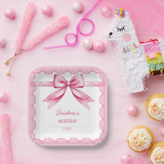 ピンクボウコケット誕生日パーティー印刷 ペーパープレート (パーティー)