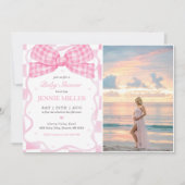 ピンクボウコケット赤ちゃんシャワー写真 招待状 (正面)