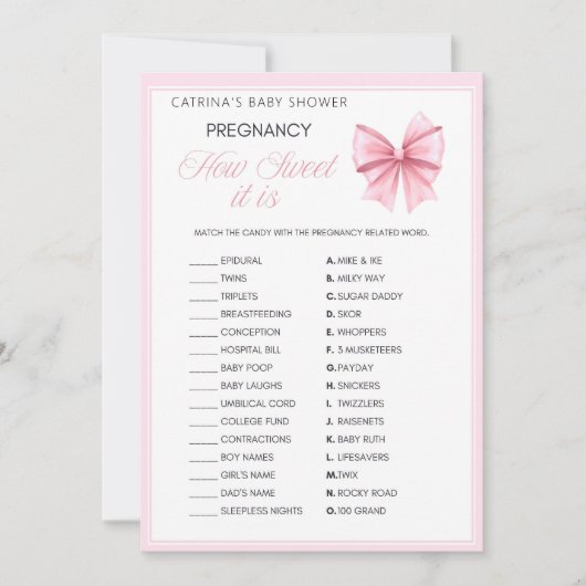 ピンクボウコケット赤ちゃんシャワー – 編集可能な名前， 5x7 招待状 (正面)