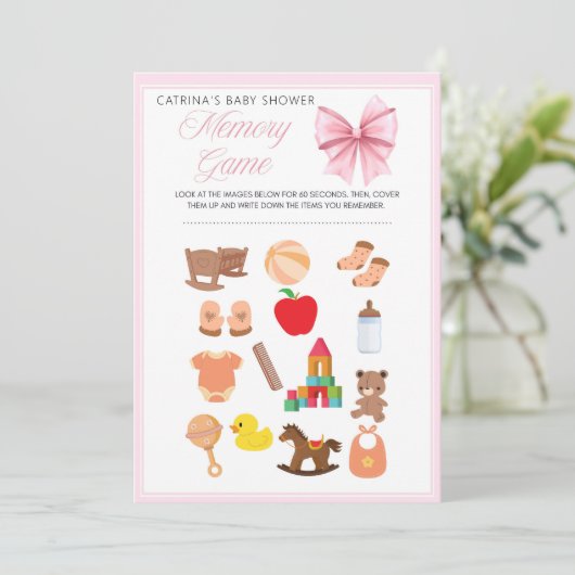 ピンクボウコケット赤ちゃんシャワー – 編集可能な名前， 5x7 招待状 (スタンド正面)