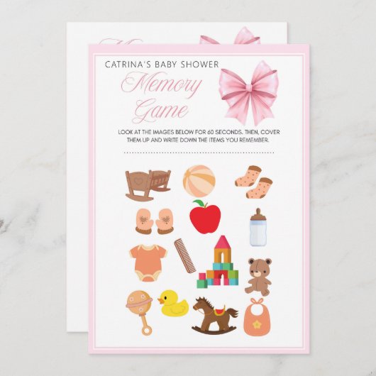 ピンクボウコケット赤ちゃんシャワー – 編集可能な名前， 5x7 招待状 (正面/裏面)