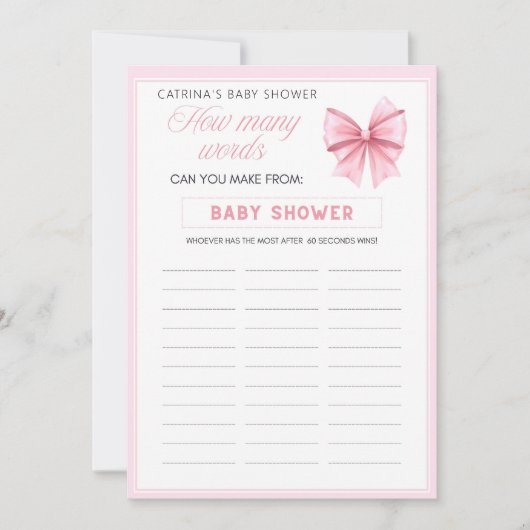 ピンクボウコケット赤ちゃんシャワー – 編集可能な名前， 5x7 招待状 (正面)