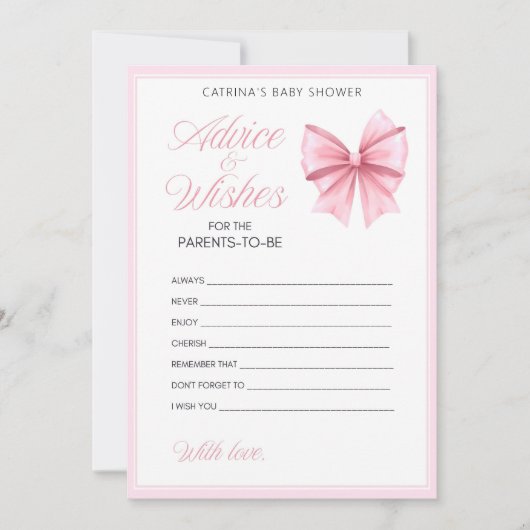 ピンクボウコケット赤ちゃんシャワー – 編集可能な名前， 5x7 招待状 (正面)