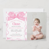 ピンクボウコケット1st誕生日パーティー写真 招待状 (正面)