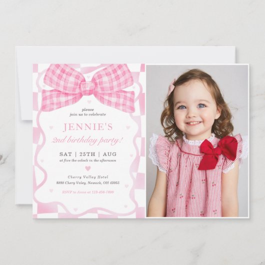ピンクボウコケット2nd誕生日パーティー写真 招待状 (正面)