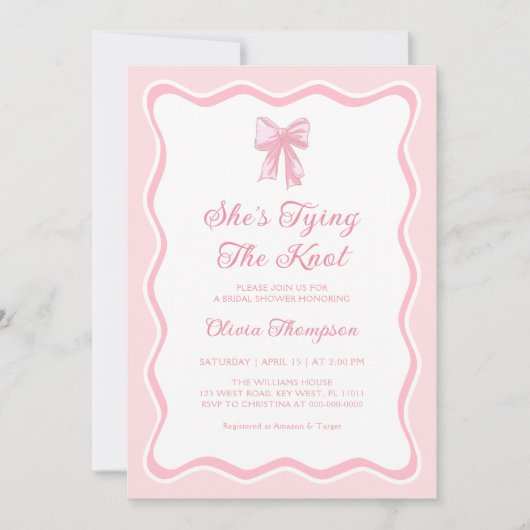 ピンクボウシェズタイイングザノットブライダルシャワー 招待状 (正面)