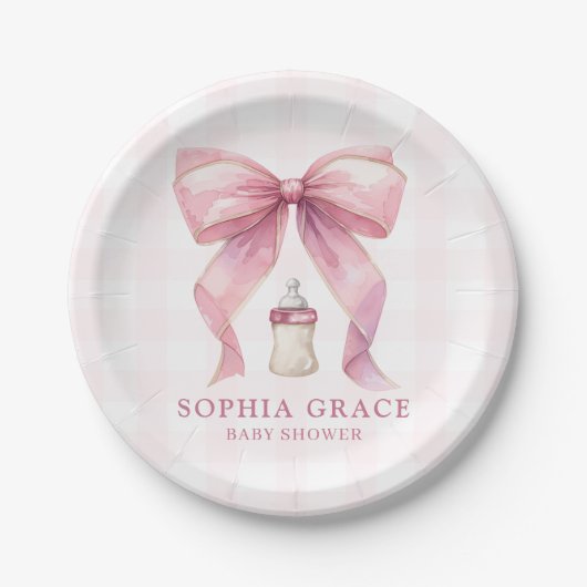 ピンクボウシックなコケットガールベビーシャワー ペーパープレート (正面)