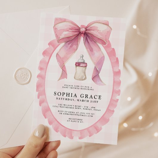 ピンクボウシックなコケットガールベビーシャワー 招待状