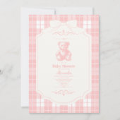 ピンクボウジンガムフランスのテディベア赤ちゃんシャワー 招待状 (正面)