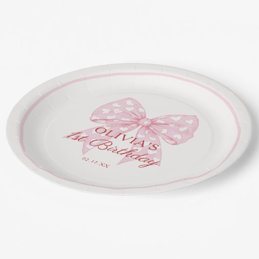 ピンクボウスウィートガール1st誕生日パーティー ペーパープレート (アングル)