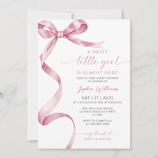 ピンクボウスウィート小さな女の子ベビーシャワー招待状 招待状 (正面)