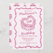 ピンクボウスウィート16ハートコケットケーキ誕生日 招待状 (正面/裏面)