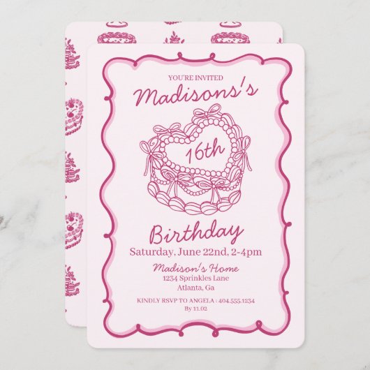 ピンクボウスウィート16ハートコケットケーキ誕生日 招待状 (正面/裏面)