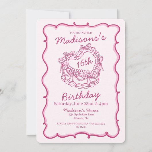 ピンクボウスウィート16ハートコケットケーキ誕生日 招待状 (正面)
