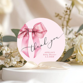 ピンクボウスクリプトベビーシャワーありがとう ラウンドシール