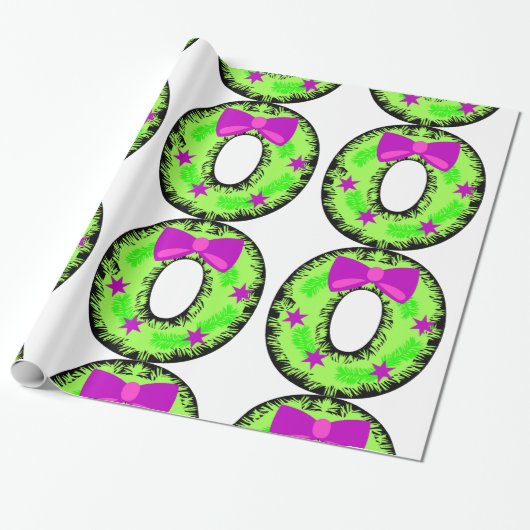 ピンクボウスターズアンドグリーンクリスマスホリデーリース ラッピングペーパー (アンロールド)