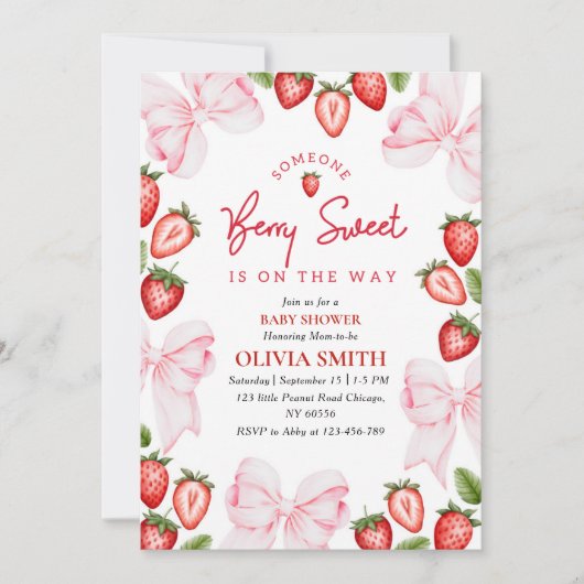 ピンクボウストロベリーベビーシャワー招待状ガール サンキューカード (正面)