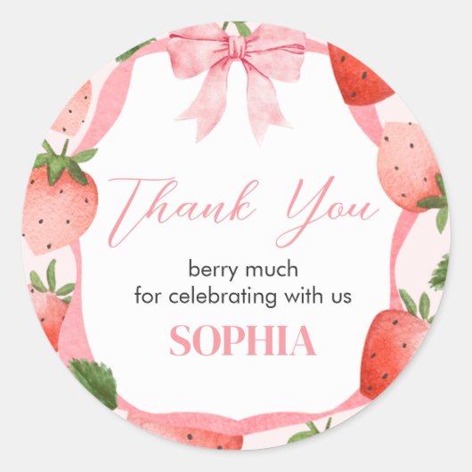 ピンクボウストロベリーベリーファースト誕生日パーティー ラウンドシール (正面)