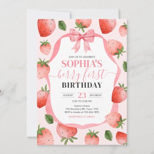 ピンクボウストロベリーベリーファースト誕生日パーティー 招待状 (正面)