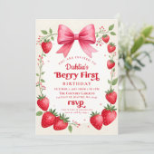 ピンクボウストロベリー誕生日ベリーファースト誕生日 招待状 (スタンド正面)