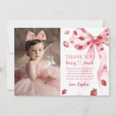 ピンクボウストロベリー誕生日写真サンキューカード サンキューカード (正面)