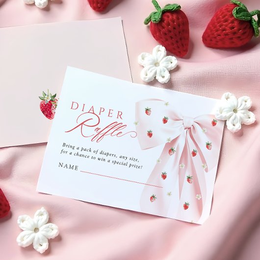 ピンクボウストロベリー赤ちゃんシャワーおむつラッフル エンクロージャーカード