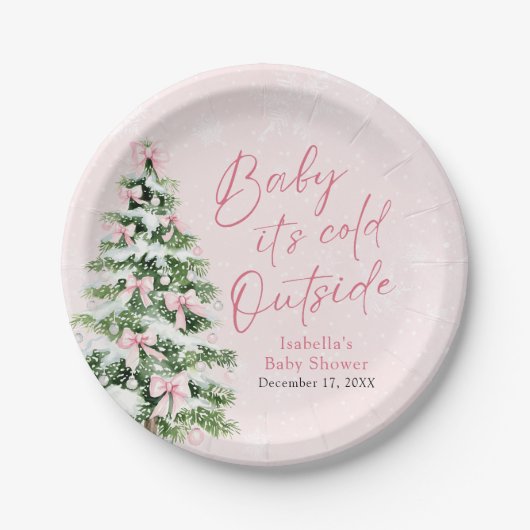 ピンクボウズ女の子ベビー寒い外の赤ちゃんシャワー ペーパープレート (正面)