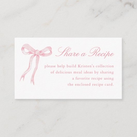 ピンクボウタイイングザノットブライダルシャワーレシピ エンクロージャーカード (正面)