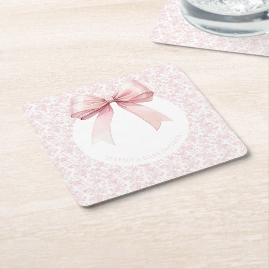 ピンクボウトイレガールベビーシャワー紙プレート スクエアペーパーコースター (アングル)