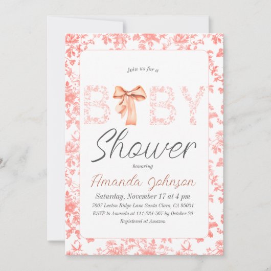 ピンクボウトイレデジュイフローラベビーシャワー 招待状 (正面)