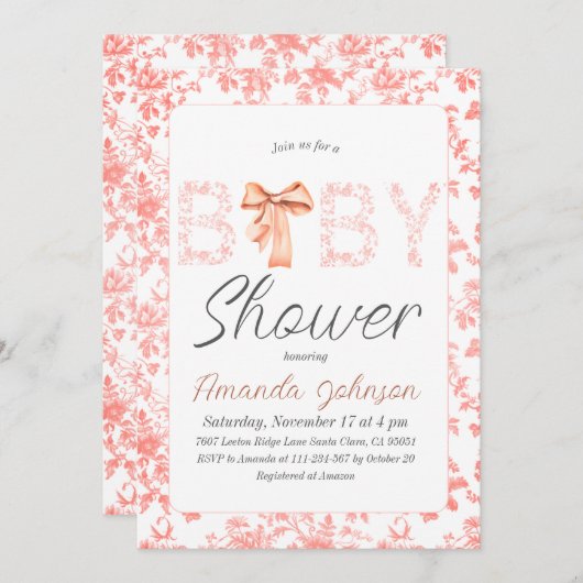 ピンクボウトイレデジュイフローラベビーシャワー 招待状 (正面/裏面)