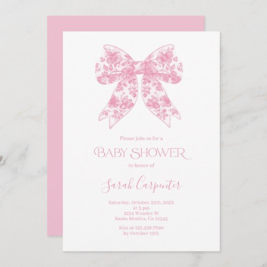 ピンクボウトイレベビーシャワーガール招待状 招待状 (正面/裏面)