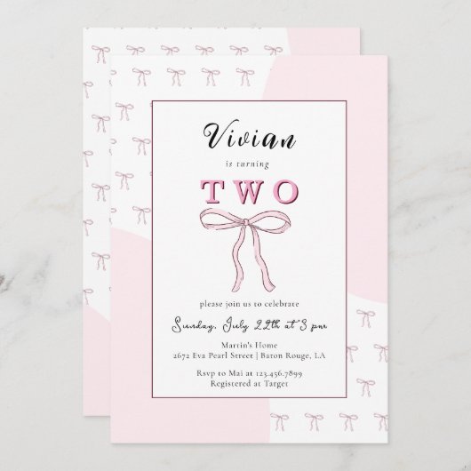 ピンクボウドードルガール2歳の誕生日 招待状 (正面/裏面)