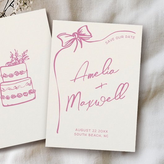 ピンクボウハンドドロースタイリッシュドトレンディー結婚ズ セーブザデート