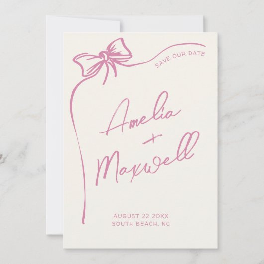 ピンクボウハンドドロースタイリッシュドトレンディー結婚ズ セーブザデート (正面)