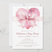 ピンクボウハートウォーターカラーバレンタインデーパーティー 招待状 (正面)