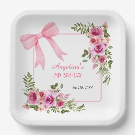 ピンクボウバラフローラグリーナリーガールズ誕生日 ペーパープレート (正面)