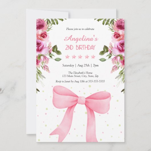 ピンクボウバラフローラ水玉模様誕生日 招待状 (正面)
