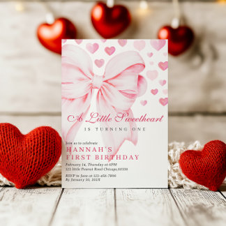 ピンクボウバレンタインズファースト誕生日招待状 シーズンカード