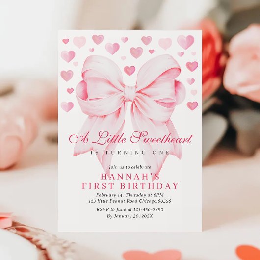 ピンクボウバレンタインズファースト誕生日招待状 シーズンカード